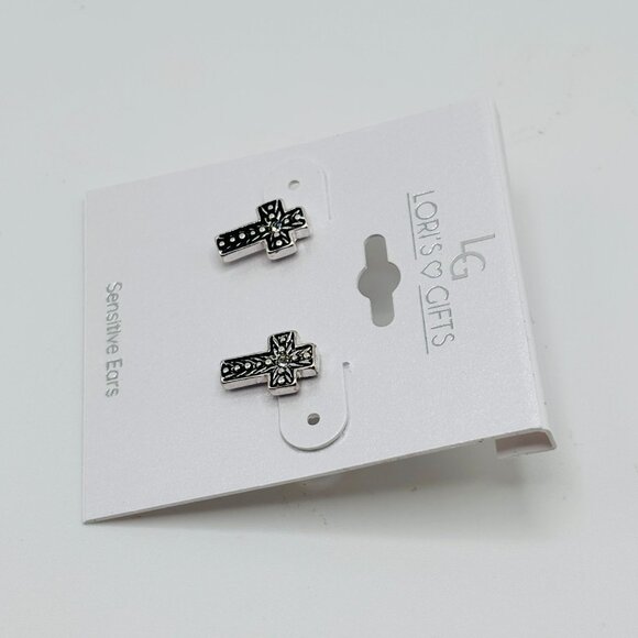 Lori’s Gifts Silver Cross Stud Earrings Sensitive Ears Hypoallergenic NWT Christ - Picture 2 of 3